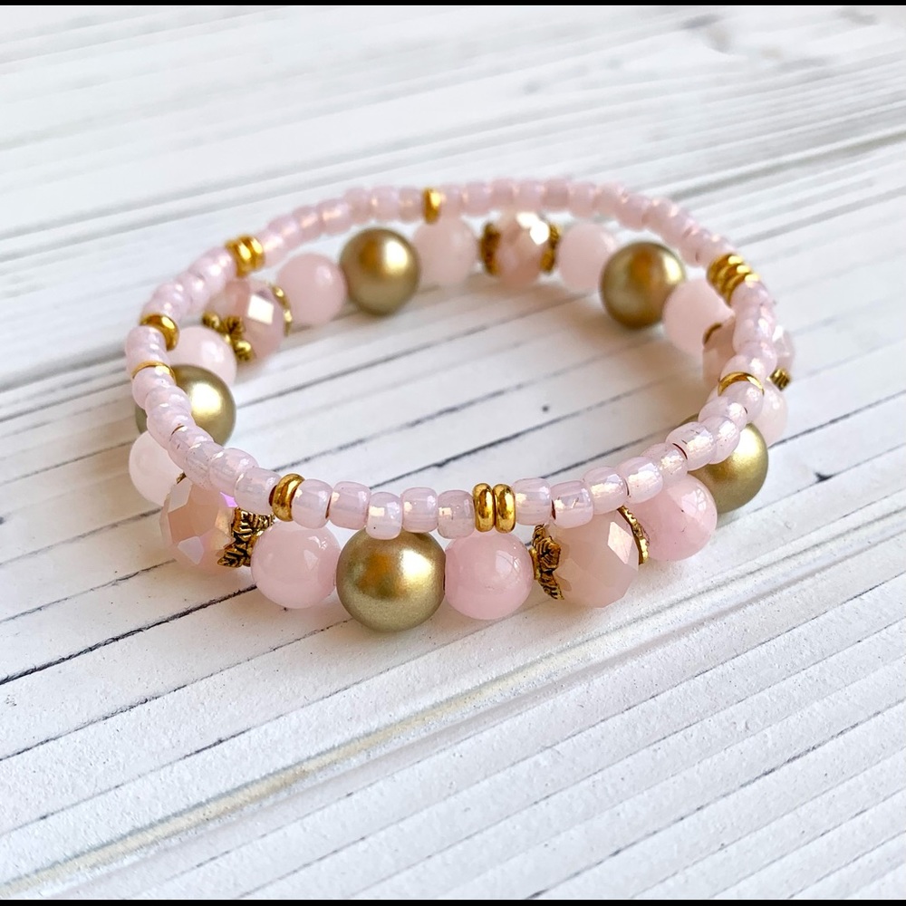 Pink and Gold Bead Bracelet Set